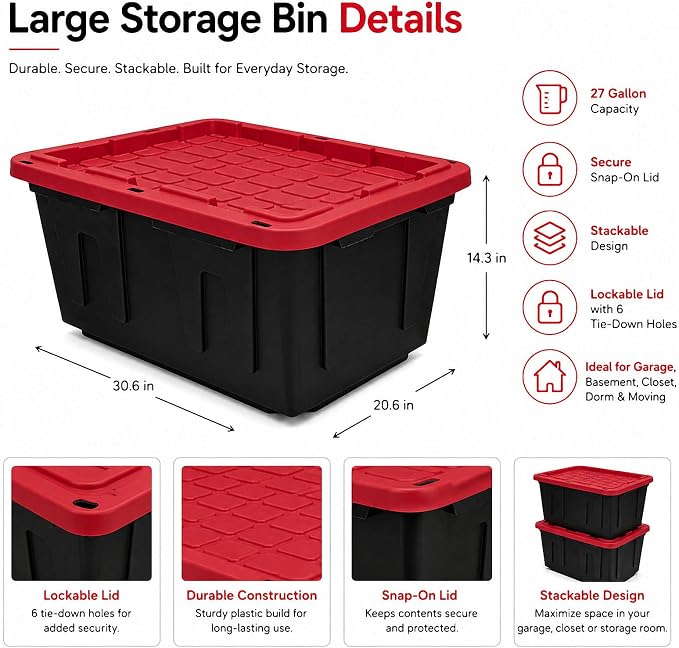 27 Gallon Storage Bins with Lids, Heavy Duty Plastic Stackable Totes, 2-Pk | High-impact polypropylene construction resists dents and stains. Features lockable lid channels and integrated grip handles.