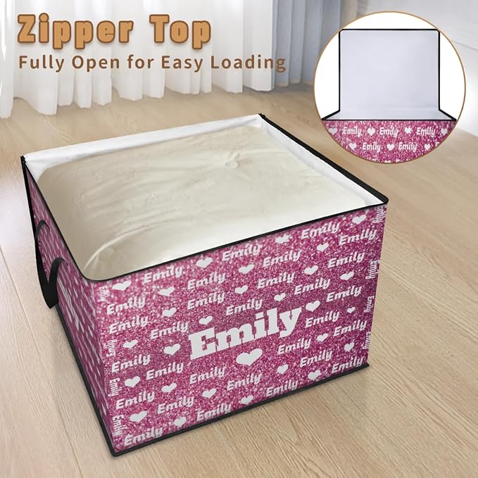 Personalized Storage Bins with Lid, Customized Name Jumbo Storage Basket Rectangle Clothes Organizer for Organizing Kids and Pets Toys Shelf Closet, Pink Bling Glitters with Love Hearts