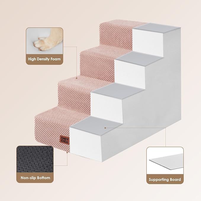 EHEYCIGA Dog Stairs for Bed 18" H, 4-Step Dog Steps for High Bed, Pink | Pet Steps for Small Dogs and Cats, Non-Slip Balanced Pet Ramp Indoor