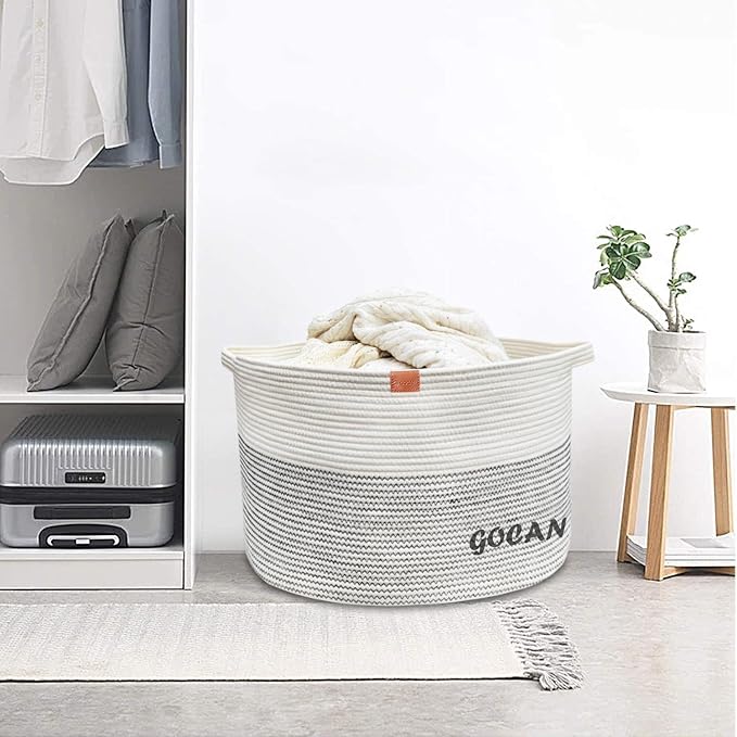 Cotton Rope Woven Laundry Basket 22"X 22"X 14" with handles(Beige) XXXL | Hand-woven, ideal for storing blankets and cushions in the living room, and clothes for household storage.