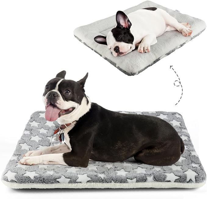 Mora Pets Dog Crate Pad Bed Ultra Soft Pet Mat Star Print Grey 29 x 21 Inch | Washable Crate Mat for Small Medium Large Dogs, Reversible Fleece Dog Crate Kennel Mat Flat Cat Bed Liner