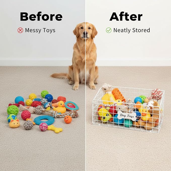 Dog Toy Bin-Dog Toy Basket-Metal Storage Box-Chew-Proof Dog Food Toy Storage Container-Dog Storage Organizer-For Puppy Leash,Accessories,Blanket Food Storage Container-(White)