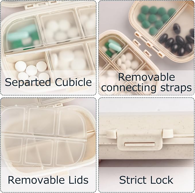 1Pack Travel Pill Organizer & 56 Medicine Name Stickers, Beige | [8 Compartments Portable Pill Case] [Small Pill Box for Pocket Purse Portable Medicine Vitamin Container]
