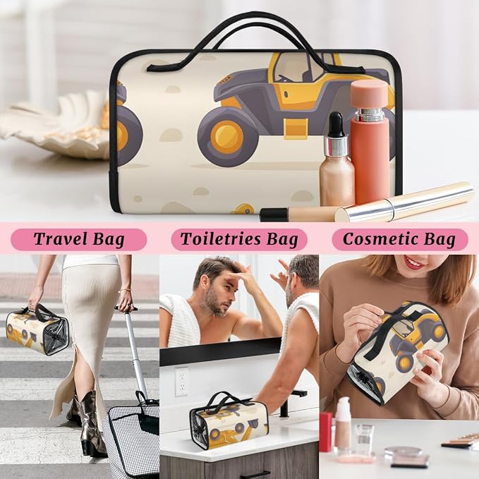 Construction Trucks Makeup Bag for Women Hanging Roll-Up Travel Organizer Toiletry Kit with 4 Removable Compartments, Yellow
