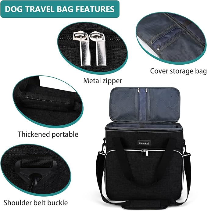 BAGLHER Dog Travel Bag, Pet Travel Bag (ALL Pet Travel Supplies), With 2 Pet Food Containers and 2 Collapsible Silicone Bowls; Essential Kits for Travel Black