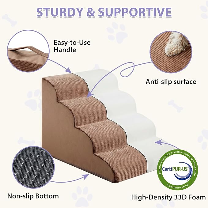 LEXTRO Dog Stairs for Bed, 4-Steps Dog Ramp for Bed, Pet Stair with Highly Supportive Foam and Non-Slip Bottom, Pet Stairs for Large Dogs and Medium Dogs (High 19.7 Inch)