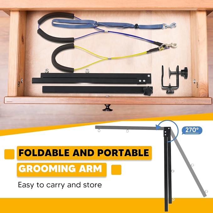 Adjustable Dog Grooming Arms for Small Medium Dogs | Anti-Slip Powerful Metal Clamp, Portable for Table, 1 Loop Noose, Two No Sit Haunch Holder, Grooming Restraint for Home