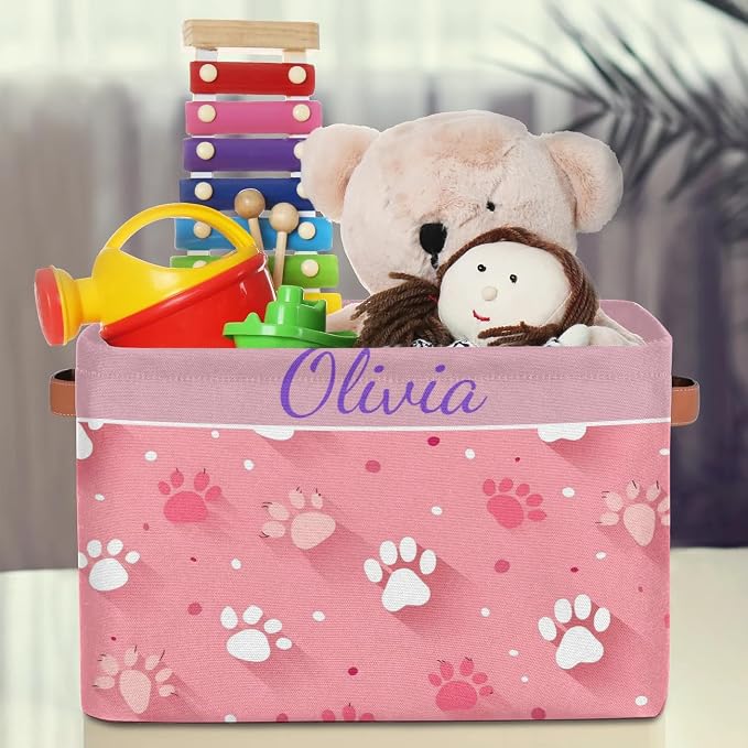 Personalized Name Storage Basket Handles for Girls, Canvas Storage Bins Toys Clothes Organizer for Bedroom, Kitchen, Bathroom, Nursery, Shelves, Closets, White Pink Dog Paw Print Pattern