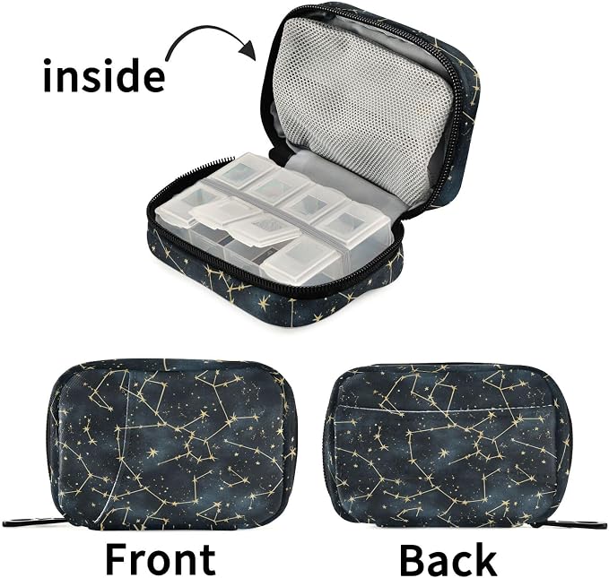 Fustylead Beautiful Constellation Mystic Stars Pill Organizer and Storage Weekly with Zipper, Removable Pill Box Portable Medicine Organizer for Vitamin Fish Oil Supplement