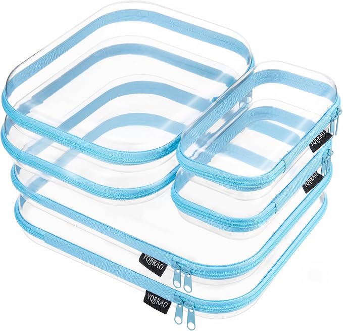 YQBRAO Clear Hard Shell Zipper Cases, 6 Multi-Size Organizers, Blue | Rigid clear shells in three practical sizes organize toiletries, cosmetics, cables, stationery and household essentials