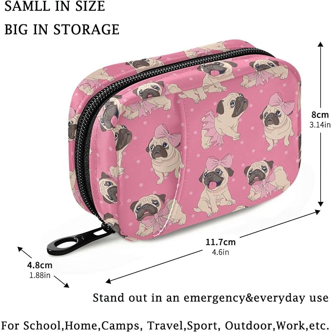 Fustylead Cute Cartoon Pugs Puppies in Pink Ballerina Tutu Bow and Dots Pill Organizer for Purse, Weekly Portable Pill Box with Zipper to Storage Vitamins Fish Oils Medications Supplements