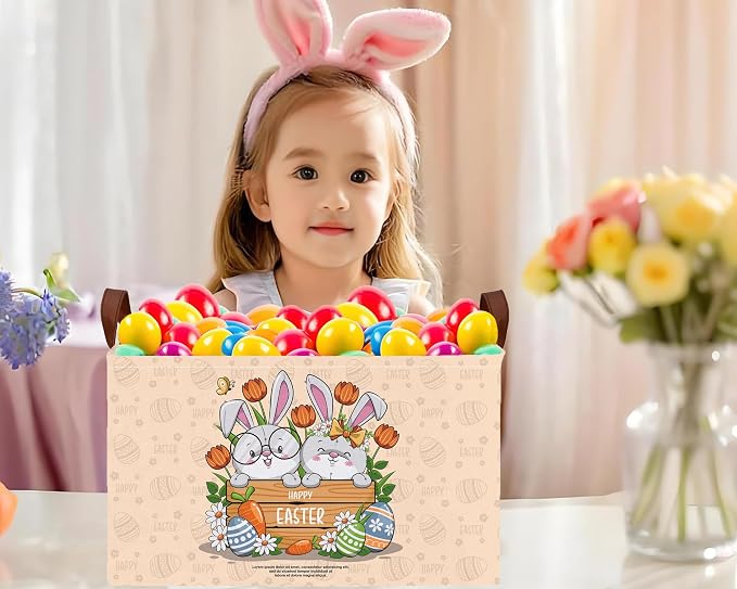 Large Rectangular Easter Baskets Empty Waterproof Boy Toy Box Foldable Kid's Gifts Storage Bin Spring Room Decor(Boy Girl Cute Rabbit)