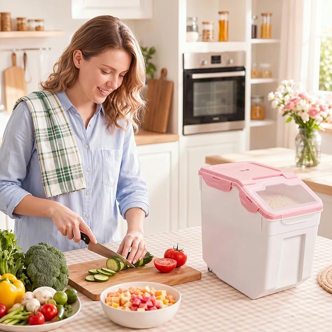 Sunnyray 4 Pcs 55 Lbs Flour Storage Container Bin,Rice Storage Containers with Wheels Seal Locking Lid, BPA Free with Measuring Cup Scoop for Rice Grain Pet Food Flour (Pink)