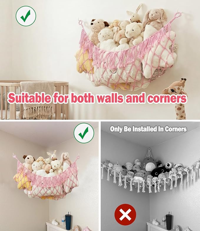 Stuffed Animal Net Hammock, Save Space Eliminate Clutter (Light pink) | Premium Cotton Hand-knitted plush hammock, Boho Stuffed Animal Storage for Nursery, Bedroom Decor, playrooms