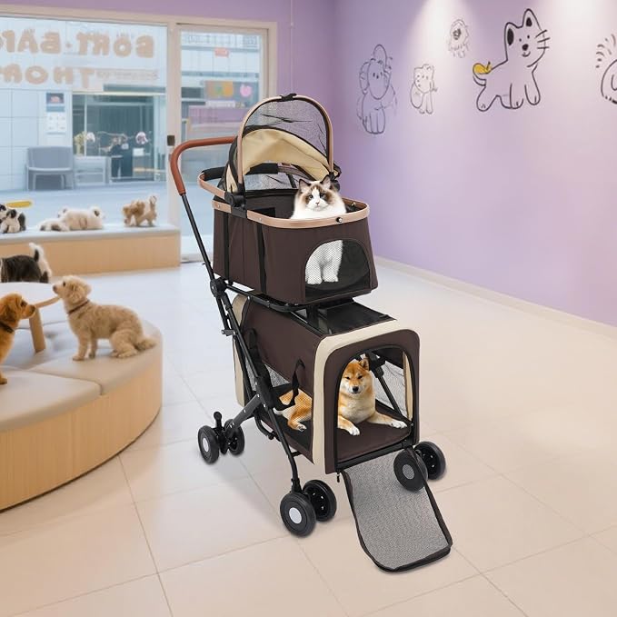 Pet Stroller for Small Medium Dogs Up to 77lbs, Folding Pet Carriage Cart for Dogs Cats, 360° Swivel Front Wheels Portable Cat Puppy Jogging Stroller with Storage Pocket & Safety Lock
