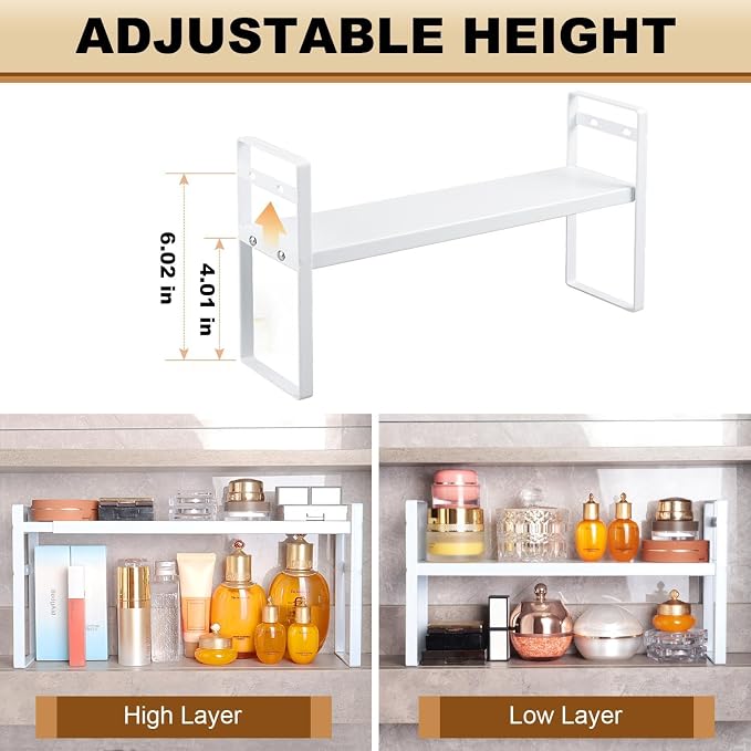 Small Expandable Medicine Cabinet Shelf, 3.58” Wide Metal Storage Stand with Adjustable Layers & Non-Slip Pads for Kitchen, Pantry, & Bathroom – White