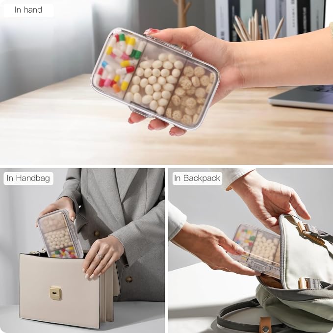 FYY Travel Pill Organizer, Large Weekly Medicine Pill Organizer-Grey | Airtight Moistureproof Medicine Case, Easy to Use, 8 Compartment Pill Box for Vitamins, Fish Oil, Supplements, Mini First Aid