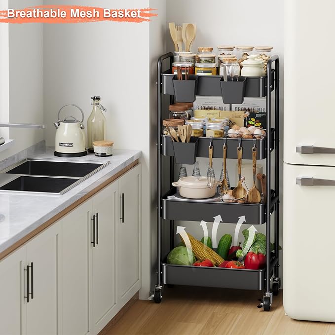 4 Tier Rolling Cart Metal with Wheels, Black Four Tiered Rolling Storage Cart on Wheels, Utility Roller Carts Organizer for Art, Craft, Baby Diaper Caddy, Snack, Book, Large-Capacity Shelving Units