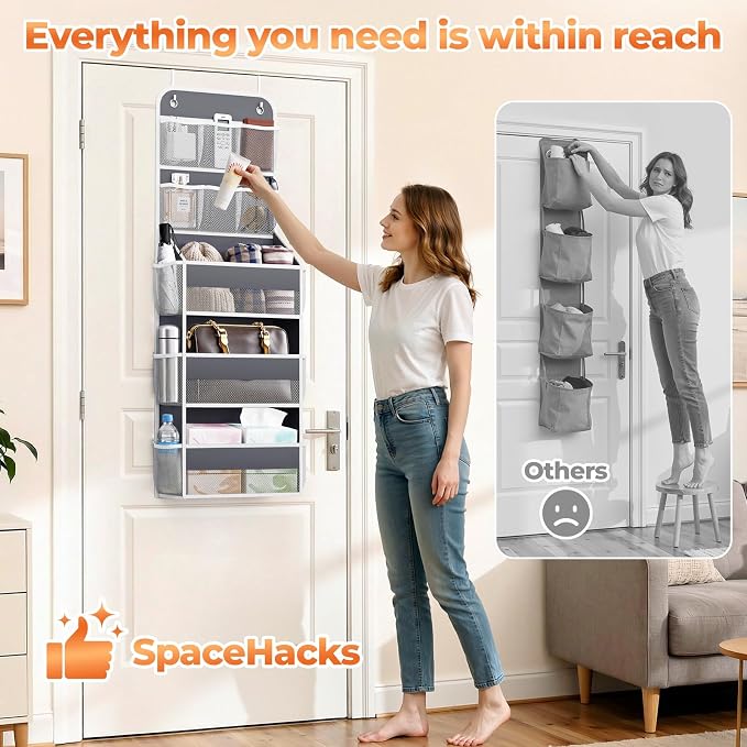 SpaceHacks 5-Tier Over the Door Organizer with Mesh Pockets, Dark Grey | 6 mesh pockets, 3 compartments, adjustable hooks, fits most doors, nursery, closet, bathroom, closet and nursery storage