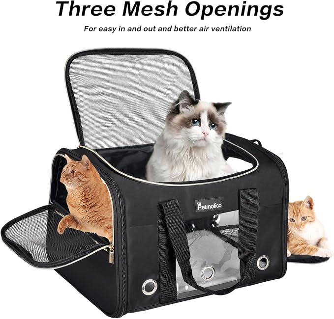 Petmolico Cat Carrier Soft-Sided Airline Approved, Medium,Black | For small/medium cats & puppies up to 16 lbs, 3 open doors, travel-friendly pet bag