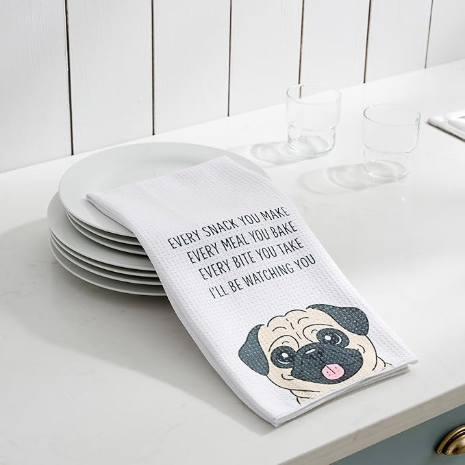 Set of 2 Waffle Weave Kitchen Towels, 380 GSM Absorbent Quick-Dry Microfiber Dish Towels, Funny Dog Tea Towels, 18 x 30 Inches, Gift for Dog Lovers, Kitchen Decor