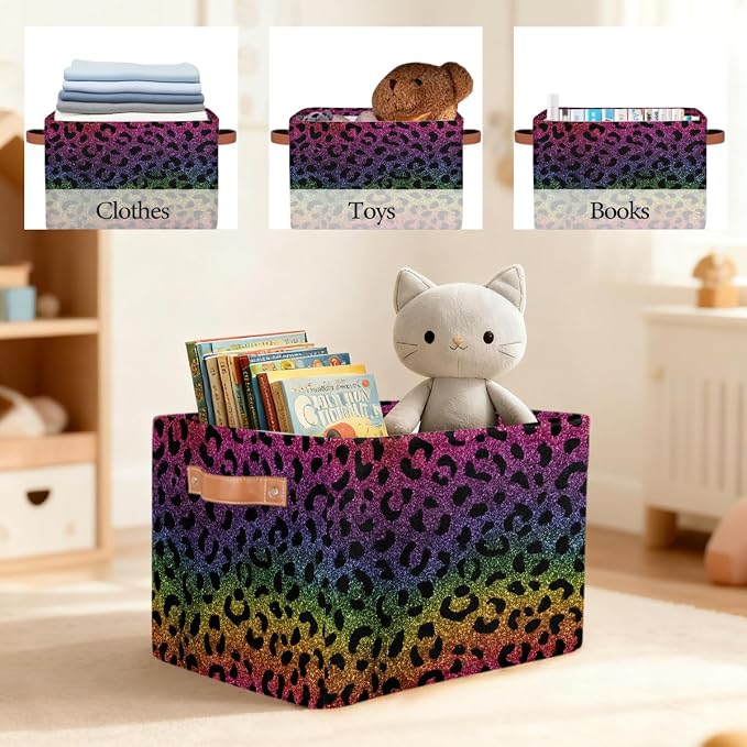 Pardick Storage Baskets Bin, Rainbow Leopard Print Collapsible Canvas Fabric Storage Bin Decorative Baskets Toy Organizer Rectangle Storage Boxes with handles for Home Shelves Nursery,1Pack,C-01