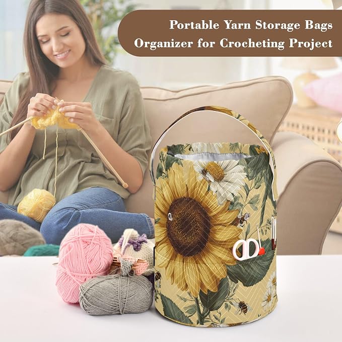 Tatenale Crochet Bag Yarn Bag Knitting Project Bag with Pockets and Handle Portable Yarn Storage Organizer Tangle Free 8.3x11 InchYellow Sunflowers and Daisies09