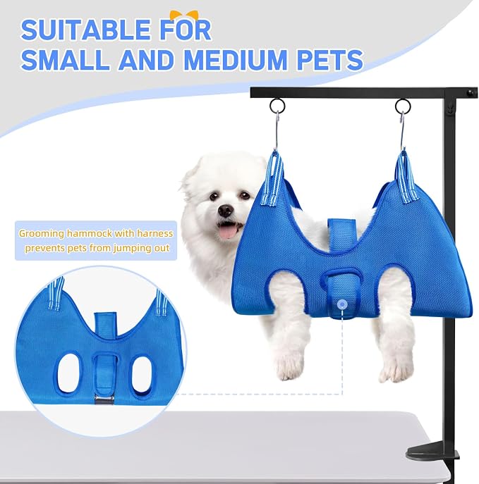 Dog Grooming Arm with Hammock, Height 27"-38", Size M, Blue | Foldable table arm with no-sit holder and restraint loops; ideal for small and medium pets at home or in salons.