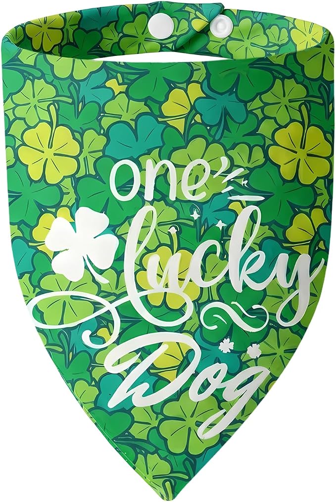 Dog Bandana for St. Patricks Day 2-in-1 Reversible - One Lucky Dog & 4-Leaf Clover Design, Pet Scarf with Snap Button Cute Lucky Holiday Costumes, Small & Medium Breeds (5-30lbs)