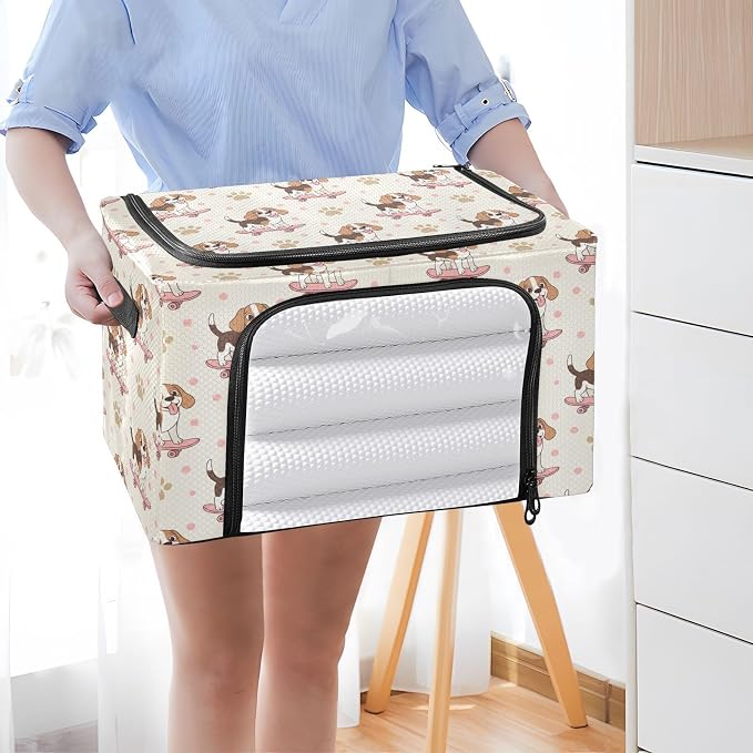 Cute Pets Dog Beige pattern Under Bed Storage Containers with Double Zipper Openings, Foldable Clothes Storage Bins with Clear Window and Handles for Bedding Comforters Blankets