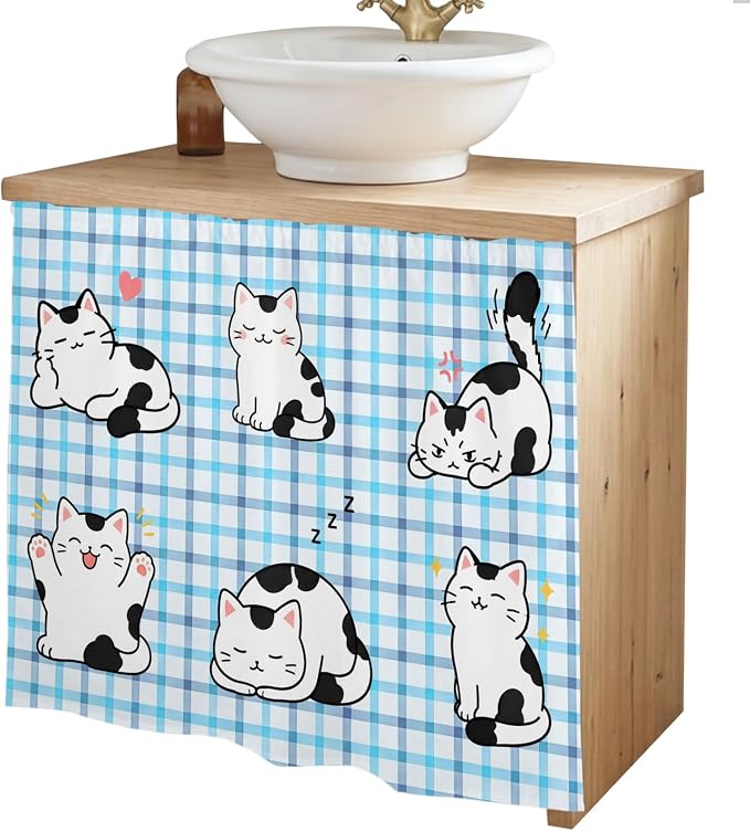 Cute Cat Cabinet Curtain 35"Wx35"L, Dustproof Under Sink Skirt with Self Adhesive Tape, Modern Playful Pet Cats Blue Purple Plaid Cabinet Curtain Cover for Kitchen Sink, Bathroom Vanity, Laundry Room