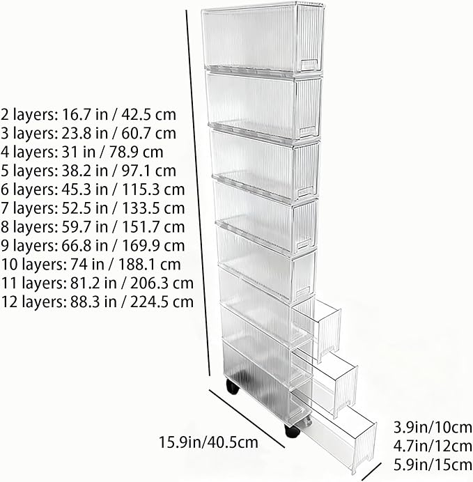 Slim Storage Cabinet with Wheels, Space Saving Narrow Rolling Cart, Thickened PET Transparent Drawer Organizer, Mobile Bathroom for Small Spaces Kitchen Laundry(Clear White,3.9*15.9*81.2in)