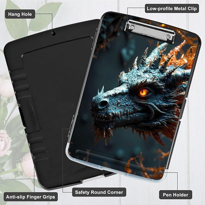 A4 Clipboard with Storage Pen Holder, Clipboards Organizer Nursing Clipboard Foldable File Folder Plastic Clipboard Folio Clip Board for Office Work Classroom Doctor, Forest Grey Dragon
