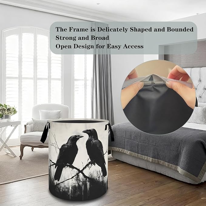 Gothic Raven Laundry Basket Hamper, Organizer Bins Gifts for Women Kids, Goth Dark Tree Crow Foldable Waterproof Clothes Hamper Handles Storage Bucket for Bedroom Bathroom Room Decor 19.7"x15.7"