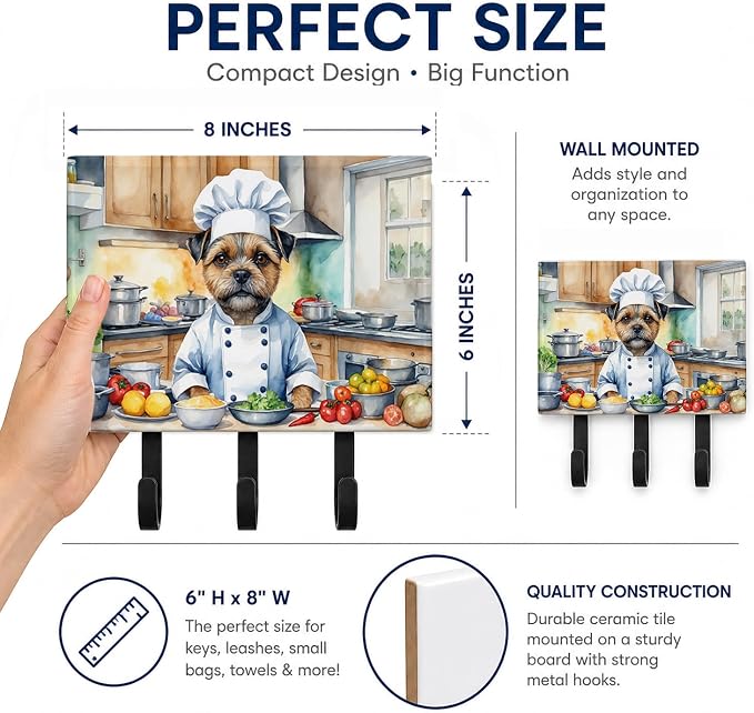 Caroline's Treasures Border Terrier The Chef Leash or Key Holder Wall Hooks, Key Hooks Holder, Coat Rack Wall Mount, Coat Hooks, Hooks for Hanging Keys, Towels, Aprons, Leashes | Border Terrier The Chef artwork on ceramic tile with three steel hooks fo...