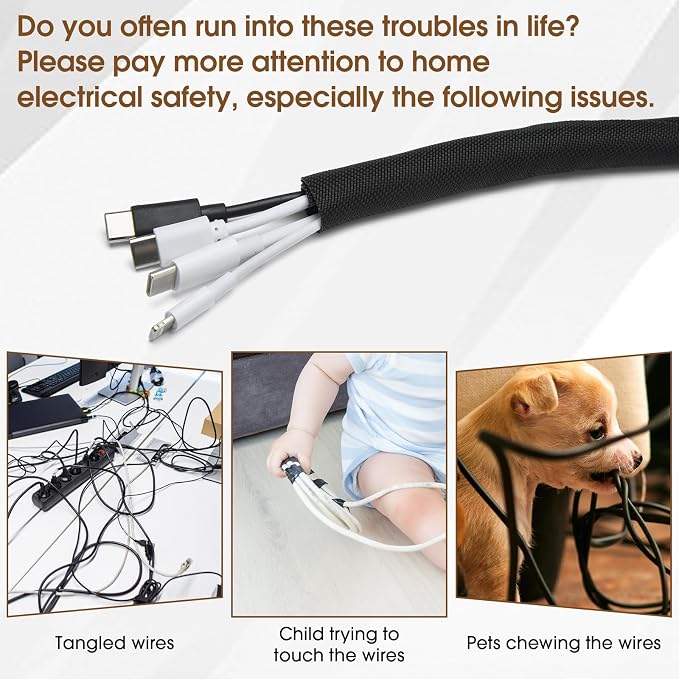 Cord Protector for Pets, Wire Protector 10FT-1/2 inch-Black | No Chew Cord Cover for Pets,Protects Cable and Wire from Pets Chewing,Ideal for USB, Power and Video Cords