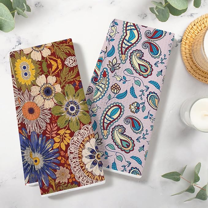 2PCS Vintage Boho Floral Kitchen Towels 14x24 Inch, Absorbent Microfiber Decorative Dish Cloth Tea Towel, Retro Colorful Flower Dish Tea Towels Drying Cloth for Kitchen, Housewarming Gifts for Women01