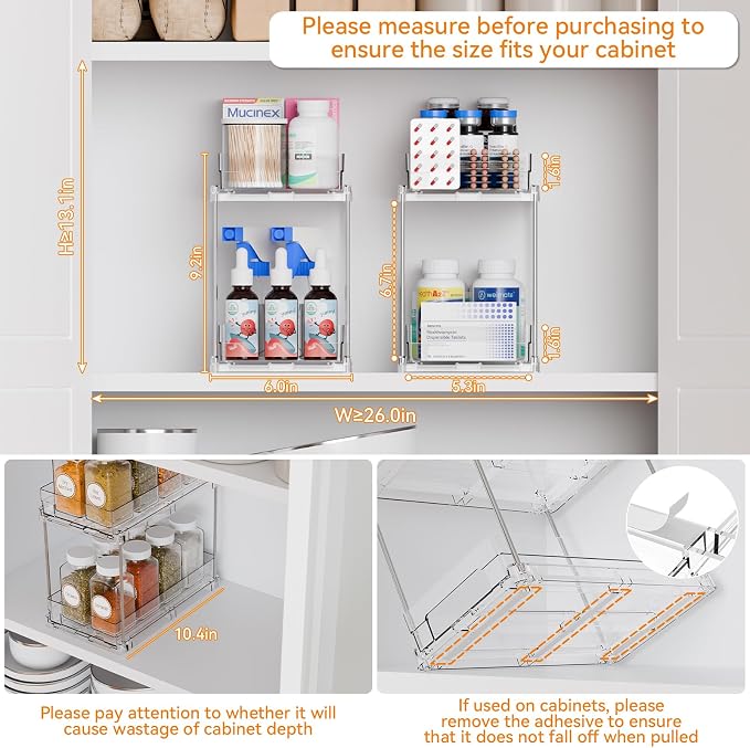 2 Tier Vertical Spice Rack Pull Out,10.4'' Deep Narrow Slide Out Spice Rack Organizer for Inside Cabinets,Kitchen,Pantry,Cupboard Seasoning,Can,Jar Organizer and Medicine Cabinet Storage