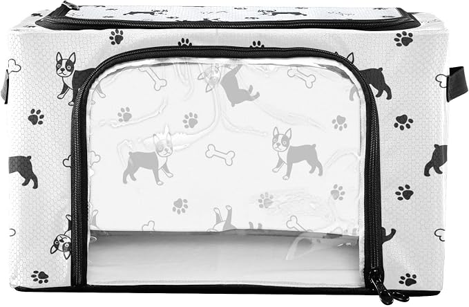 Pets Dogs White pattern Under Bed Storage Containers with Double Zipper Openings, Foldable Clothes Storage Bins with Clear Window and Handles for Bedding Blankets Comforters