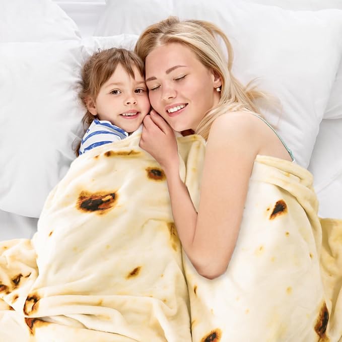 Bnuitland 90 Inches Tortilla Burritos Pattern Blanket with Pouch, 300 GSM Double Sided Giant Flour Novelty Taco Funny Realistic Food Blanket for Bed Sofa, Super Soft Flannel for Adults