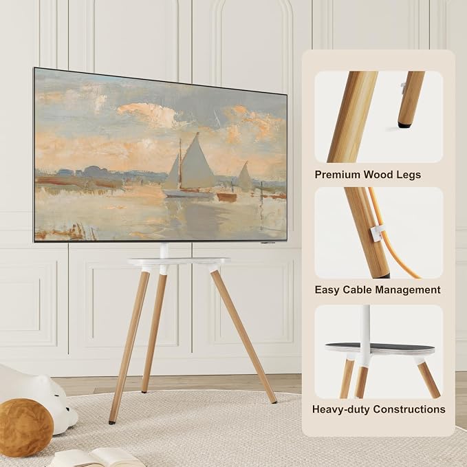 Tripod TV Stand for 43-65" TVs, Swivel, White | Height-adjustable easel TV stand, wood media shelf, cable management and VESA up to 400x400