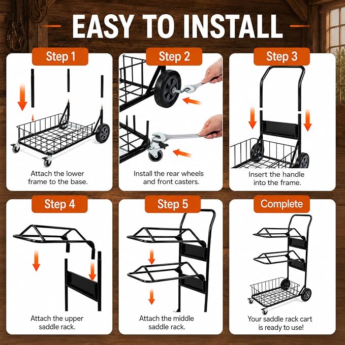 Rolling Saddle Rack Cart with Basket, 220 Lbs, 32.3*16.9*49.8 inch | Horse Tack Dolly Saddle Stand for Western & English Saddles, Heavy Duty Saddle Stand for Tack Room, Bridle, Horse Lovers