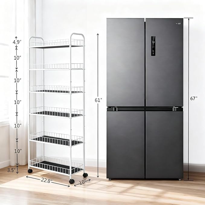 10in 6 Tier Slim Storage Cart with Wheels,White Narrow Space Rolling Shelving Unit, Metal Wire Mobile Organizer Rack for Kitchen Bathroom Office Laundry