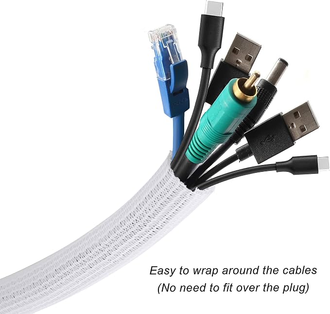 Cable Management Sleeve, Split Design, 10FT - 1.25 Inch, White | Cord Protectors from Pets | Heat & Abrasion Resistant Wire Loom | Automotive Wiring & Home Office Cable Organization
