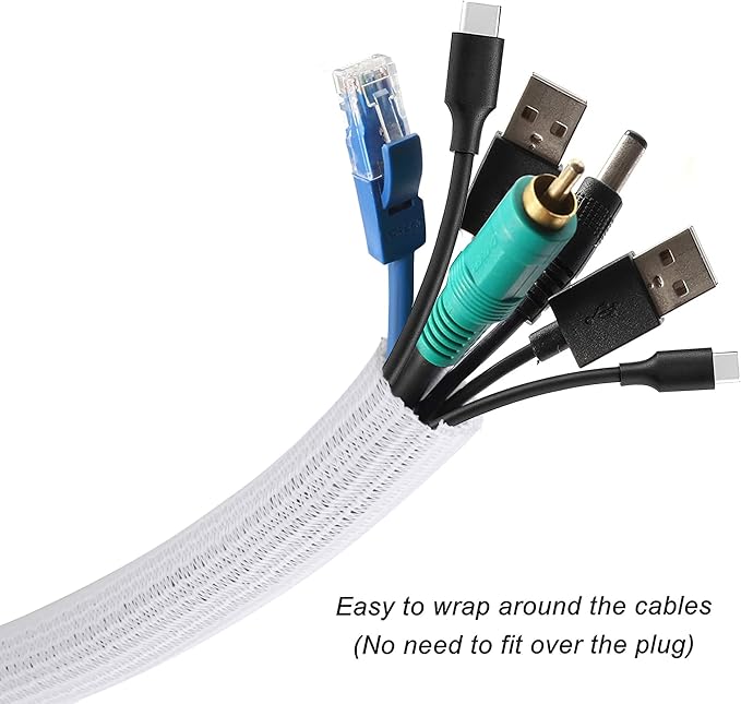 Cable Management Sleeve, Split Design, 25FT - 1.25 Inch, White | Cord Protectors from Pets | Heat & Abrasion Resistant Wire Loom | Automotive Wiring & Home Office Cable Organization
