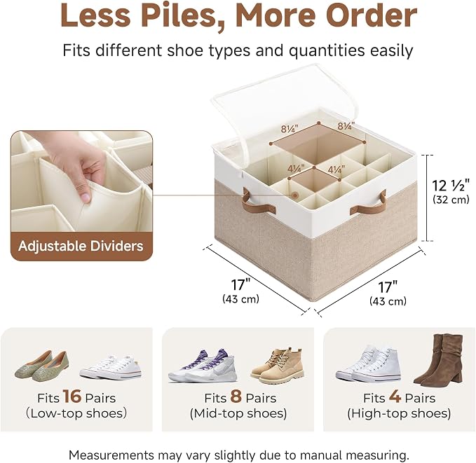 StorageWorks 2-Pack 32-Pair Closet Shoe Storage Organizer, Brown and White | Adjustable Dividers, Holds up to 16 Pairs Each, Foldable, Clear Lid, Soft Handles, Fits Heels, Sandals & Flats, For Bedroom