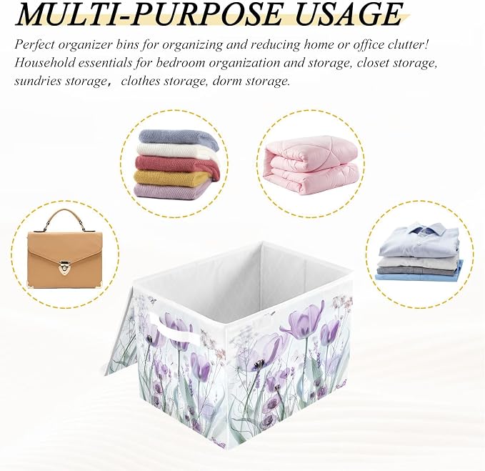 senya Baskets Collapsible Storage Bins with Lids, Purple Tulips Flowers Pastel Storage Boxes Clothes Baskets for Organizing, B06D22020