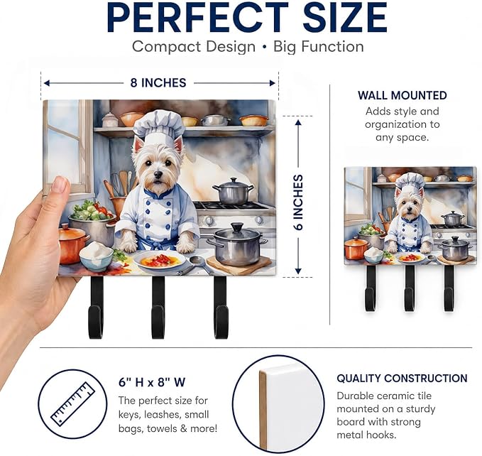 Caroline's Treasures Westie The Chef Leash or Key Holder Wall Hooks, Key Hooks Holder, Coat Rack Wall Mount, Coat Hooks, Hooks for Hanging Keys, Towels, Aprons, Leashes | Westie The Chef artwork on ceramic tile with three steel hooks for keys, leashes,...