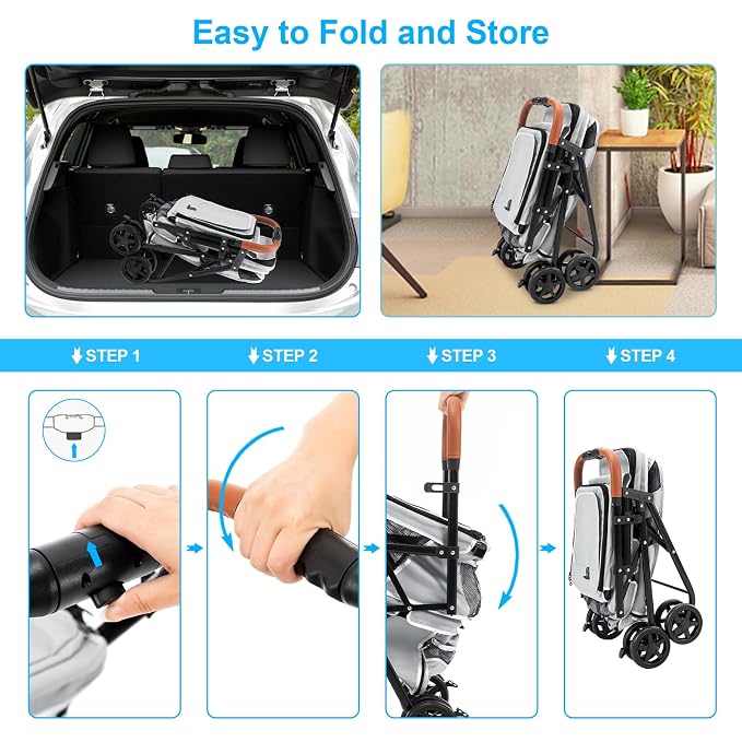 Double Pet Stroller for 2 Dogs & Cats, Double-Decker, Gray | One-Hand Fold Two-Tier Stroller with Separate Cabins, 44 lb Capacity, 4 Tethers, Locking Front Wheels and Rear Brakes