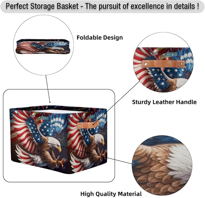 Pardick Basket Storage Bins American Flag Eagle Rectangle Cube Basket Box Kids Girls Boys Toys Organizer Beaket Decor Foldable with Handle for Living Room Bedroom Closet Nursery Office Shelf Gifts